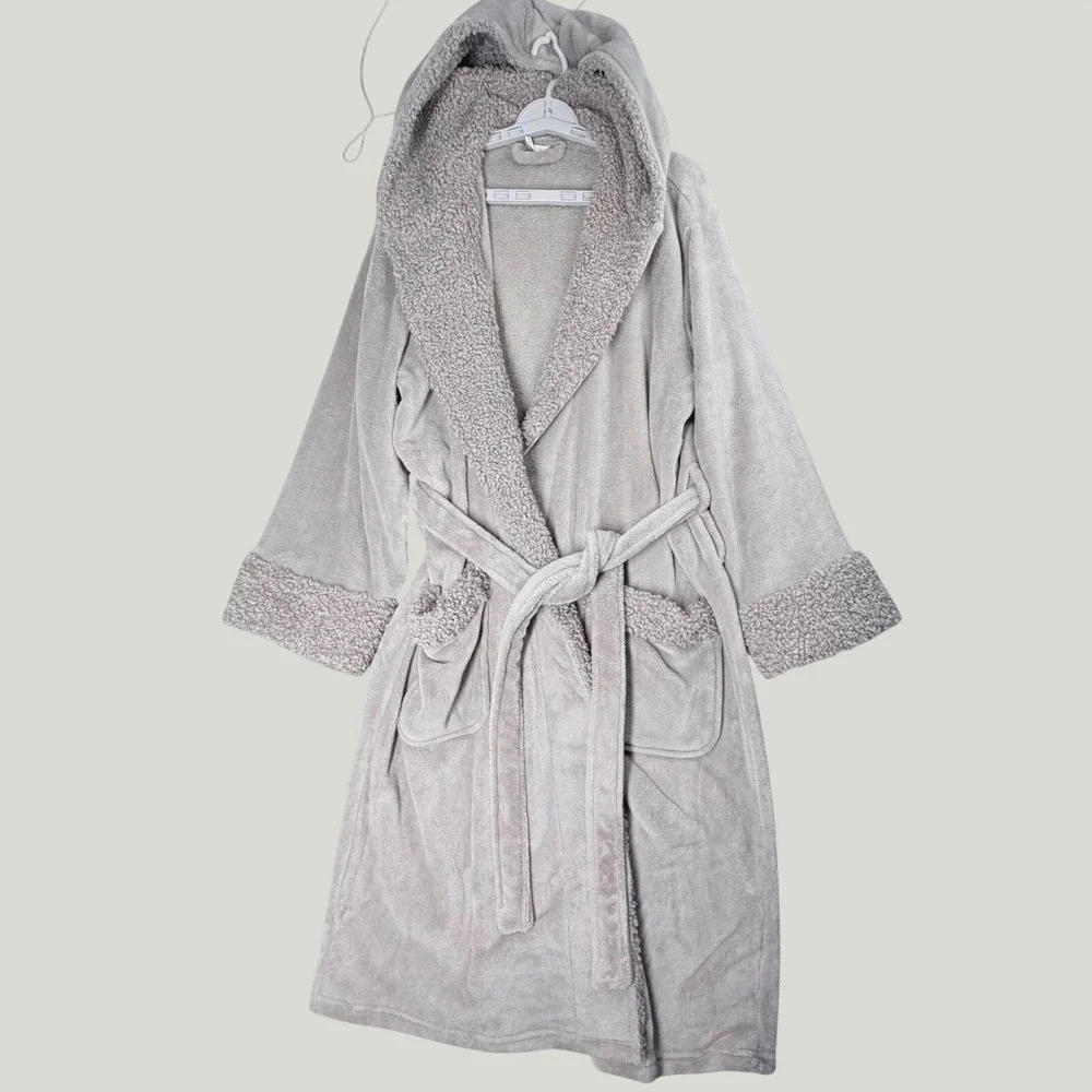Pottery Barn Robe Women Large Gray Plush Faux Fur Trim Hooded Belted Long Fleece